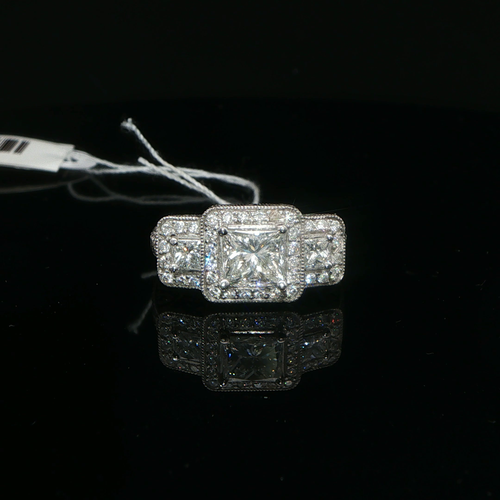 Palladium Three-Stone Princess Diamond Halo Ring