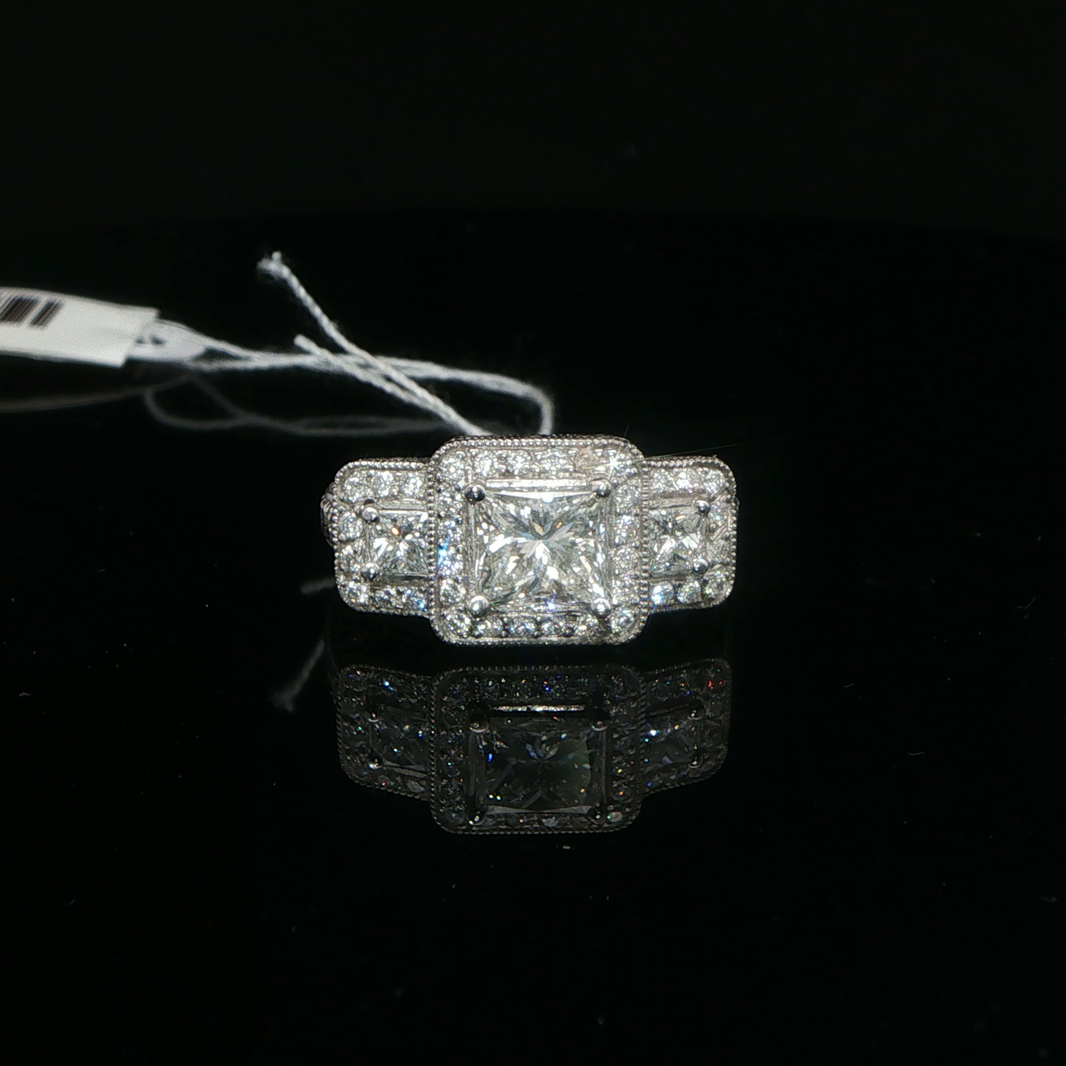 Palladium Three-Stone Princess Diamond Halo Ring