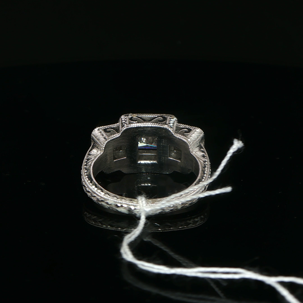 Palladium Three-Stone Princess Diamond Halo Ring