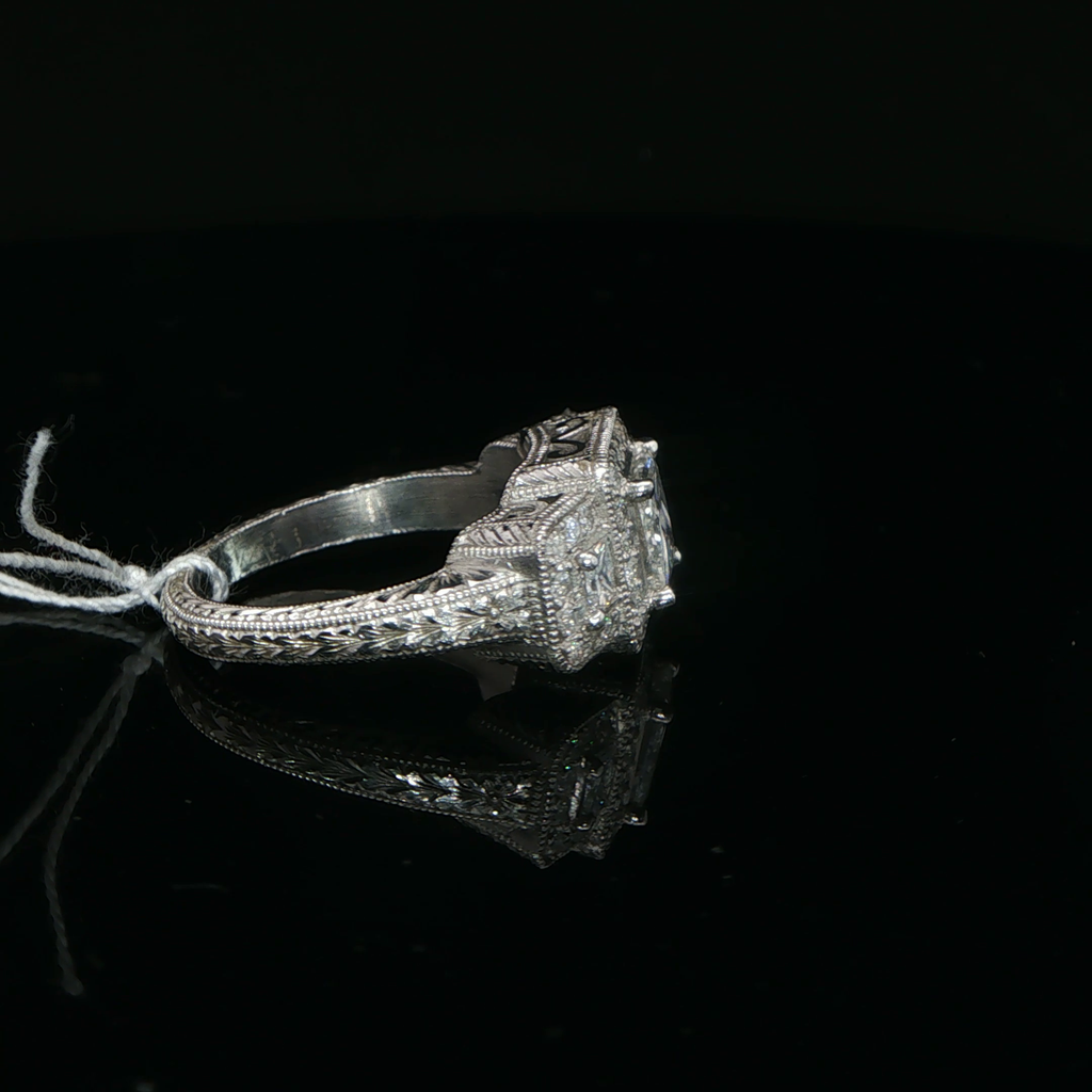 Palladium Three-Stone Princess Diamond Halo Ring