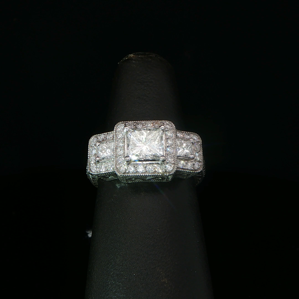 Palladium Three-Stone Princess Diamond Halo Ring