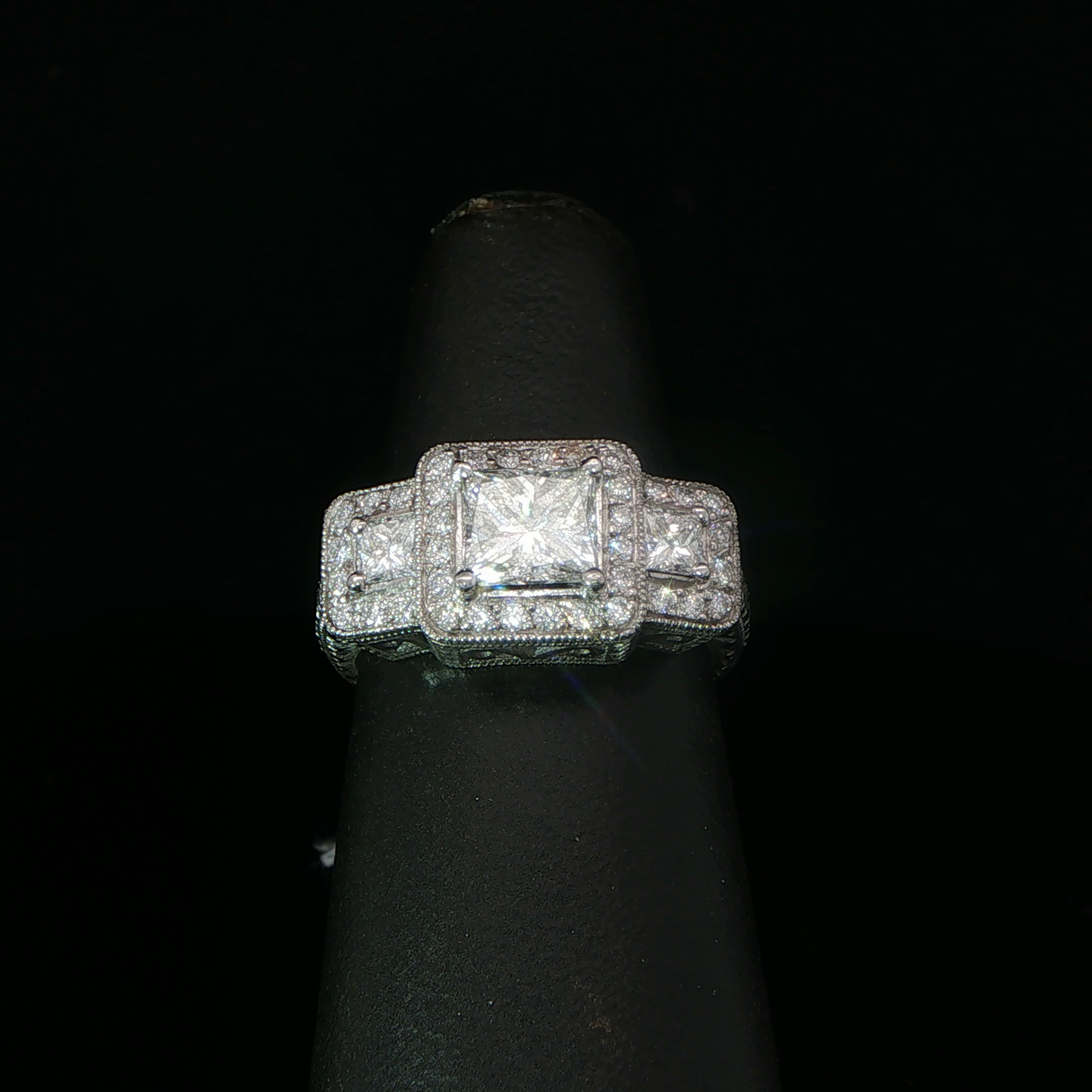 Palladium Three-Stone Princess Diamond Halo Ring