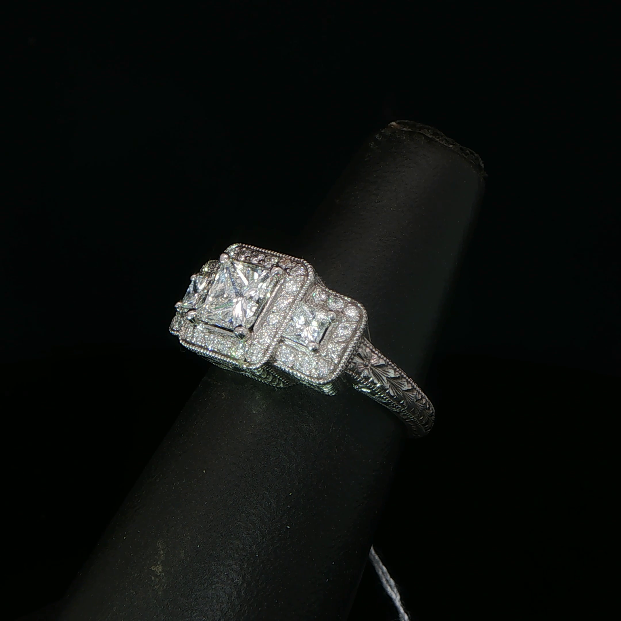 Palladium Three-Stone Princess Diamond Halo Ring