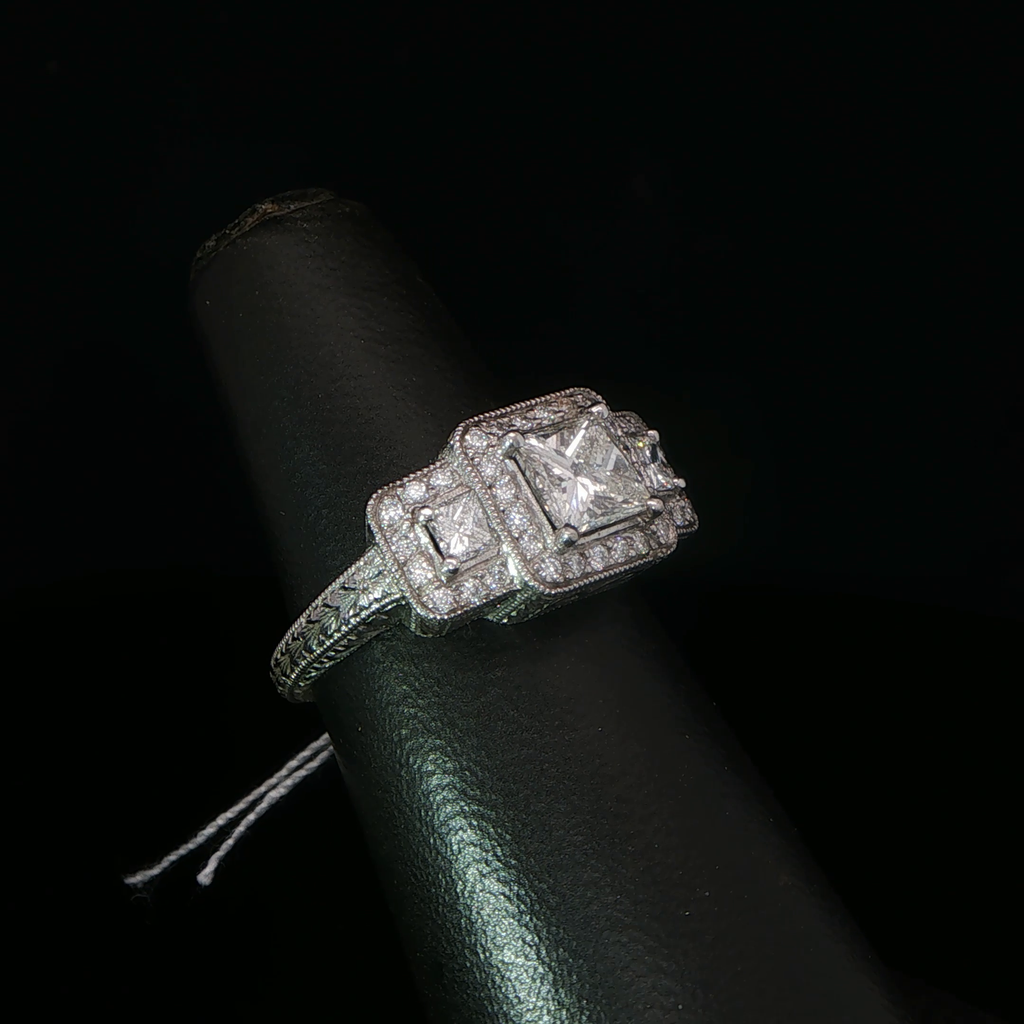 Palladium Three-Stone Princess Diamond Halo Ring