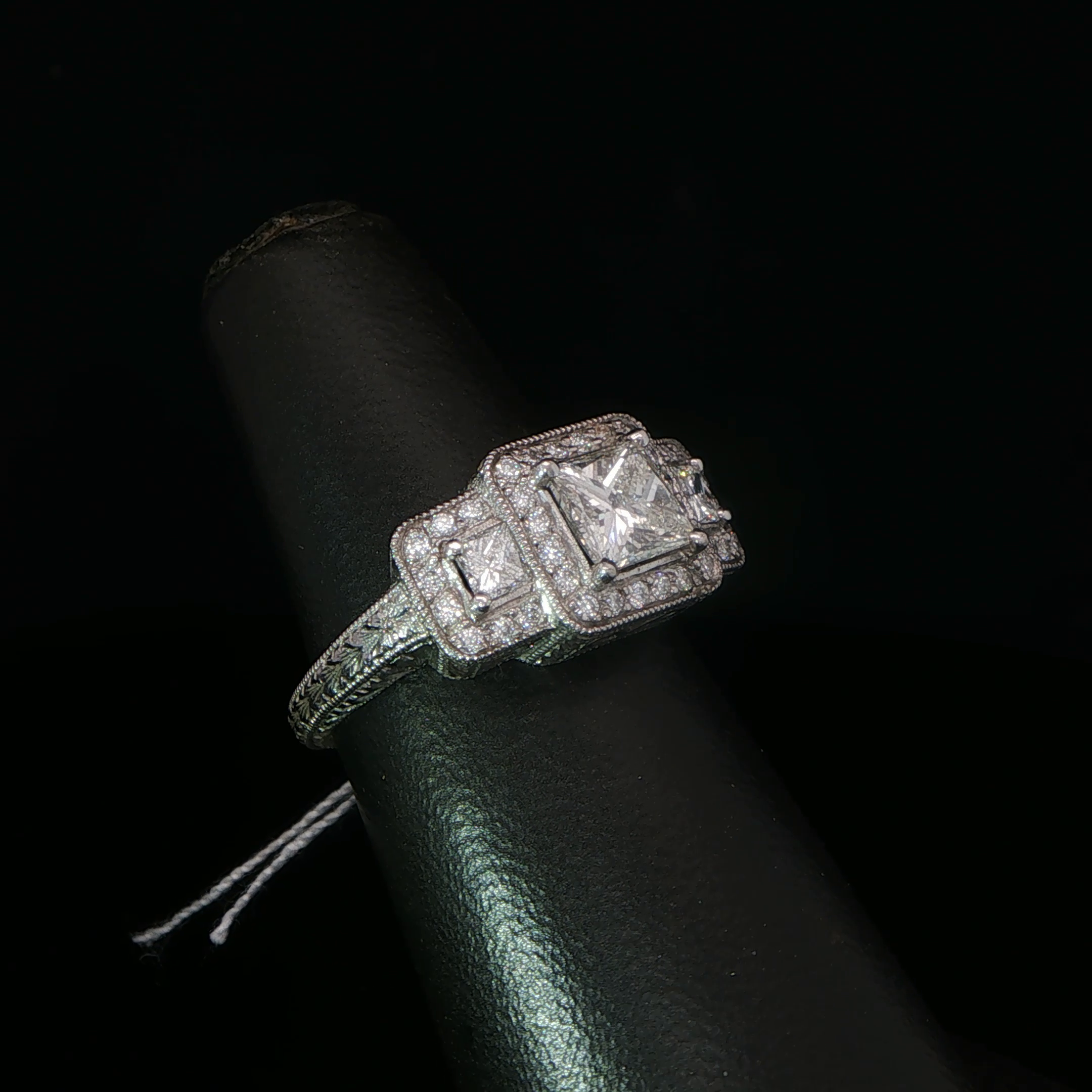 Palladium Three-Stone Princess Diamond Halo Ring