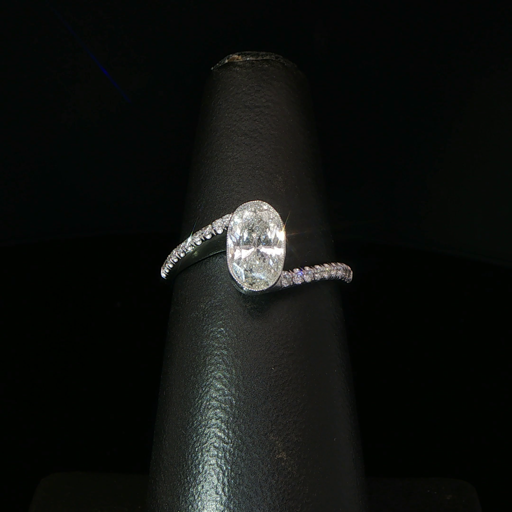 Oval Bezel-Set Diamond Bypass Ring in 14k White Gold