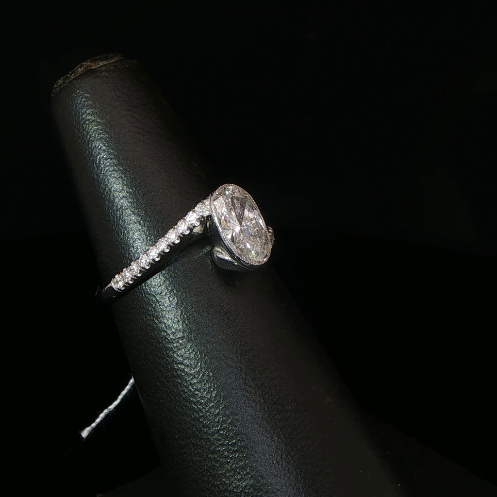 Oval Bezel-Set Diamond Bypass Ring in 14k White Gold