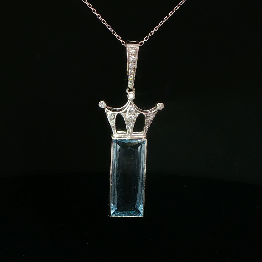 Aquamarine Crown Charm Necklace in 18k White Gold