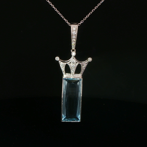 Aquamarine Crown Charm Necklace in 18k White Gold