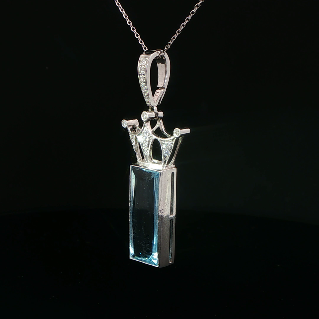 Aquamarine Crown Charm Necklace in 18k White Gold