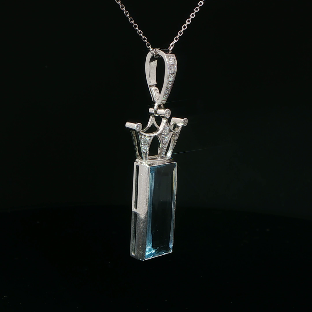 Aquamarine Crown Charm Necklace in 18k White Gold