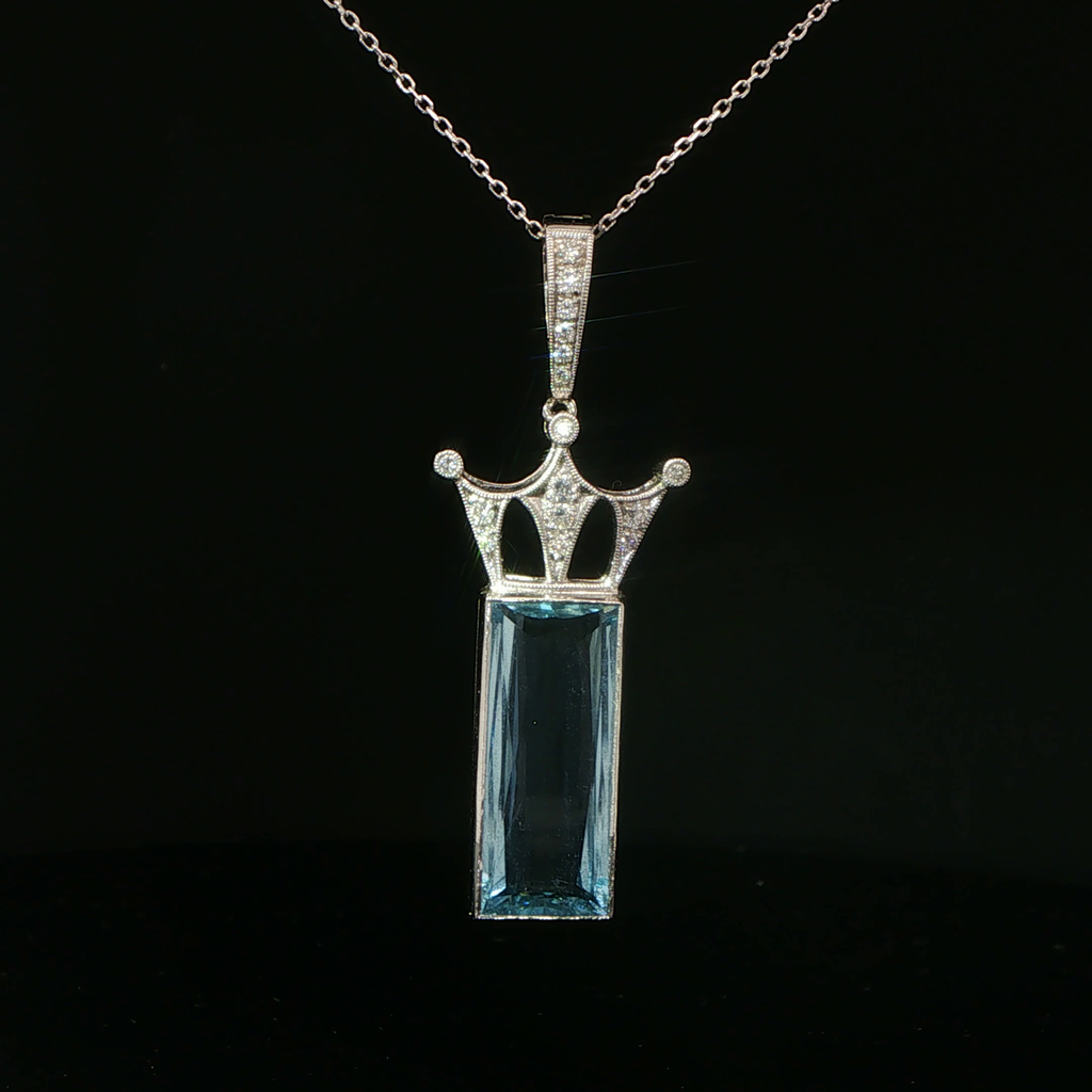 Aquamarine Crown Charm Necklace in 18k White Gold