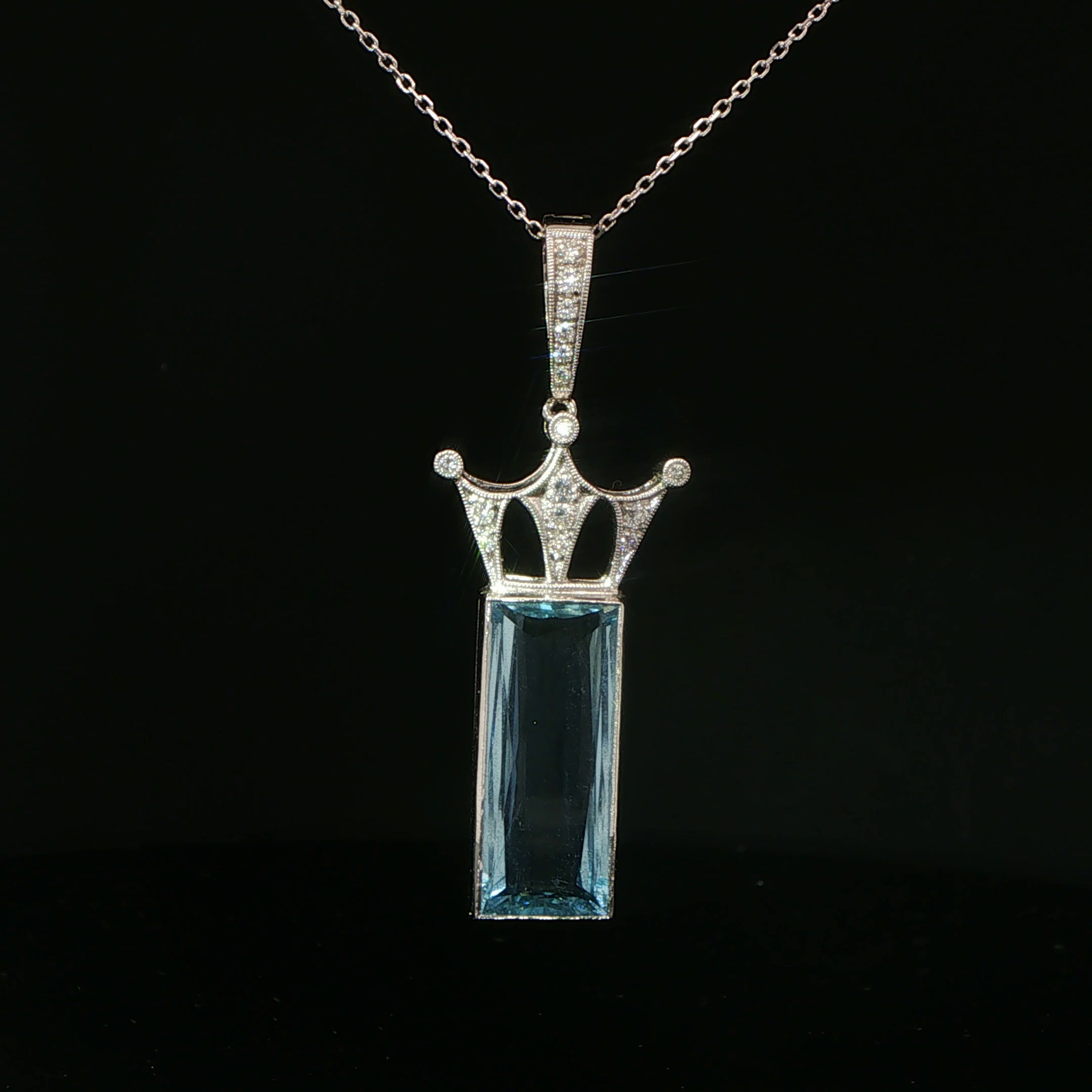 Aquamarine Crown Charm Necklace in 18k White Gold