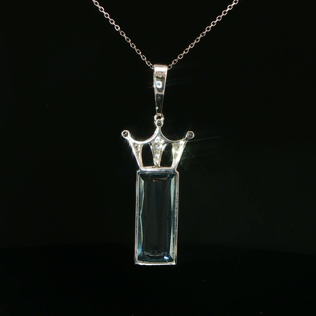 Aquamarine Crown Charm Necklace in 18k White Gold