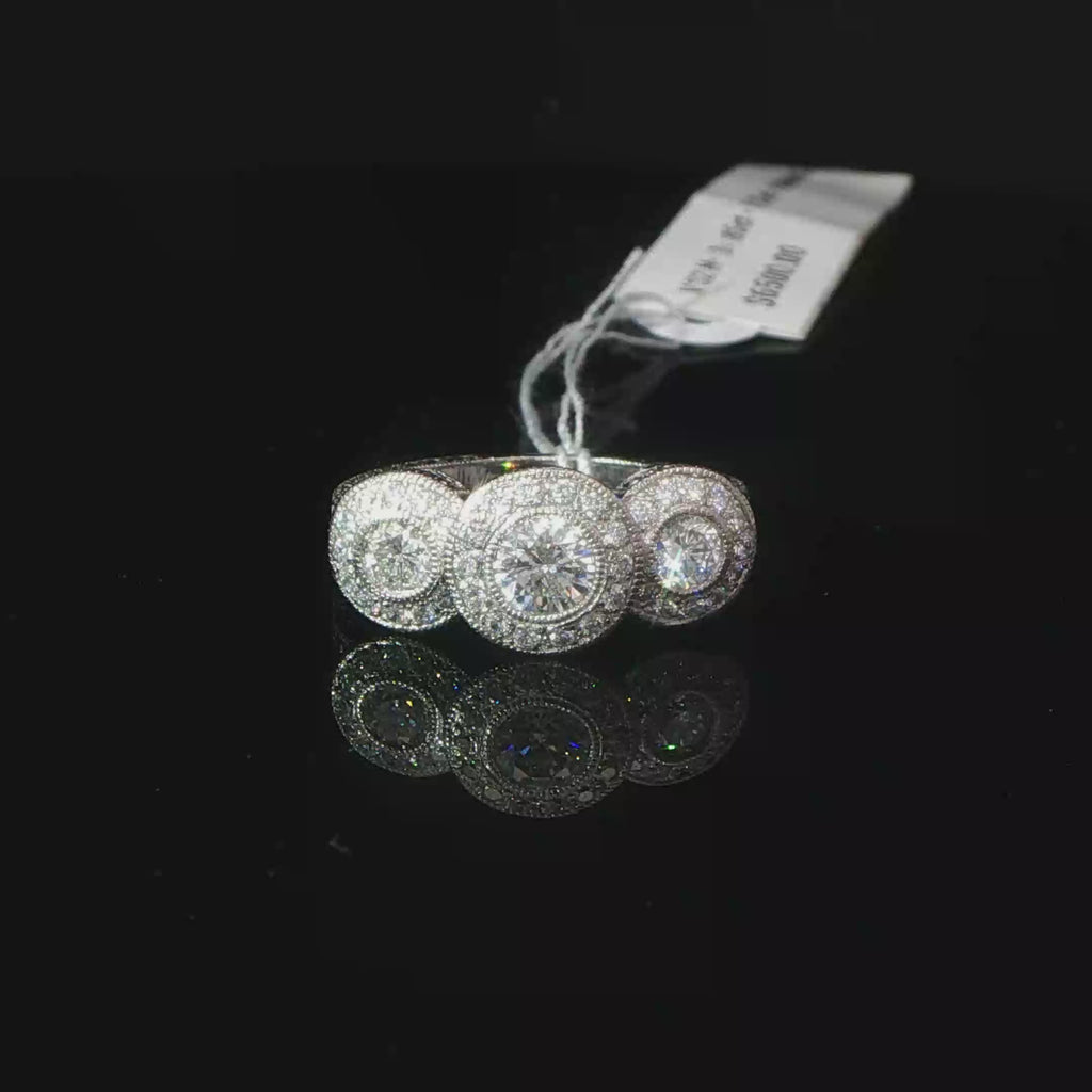 Three-Stone Diamond Halo Ring in Palladium