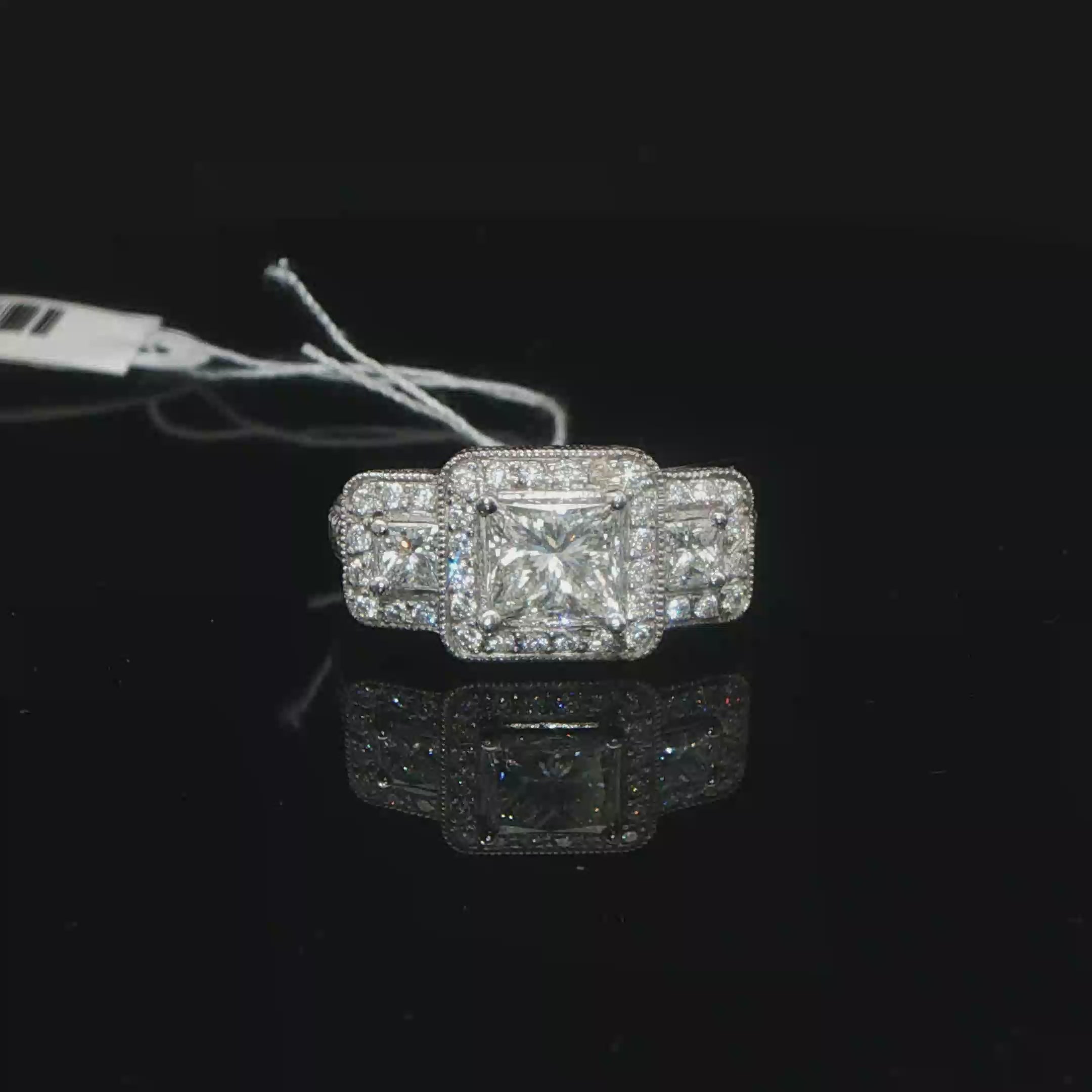 Palladium Three-Stone Princess Diamond Halo Ring