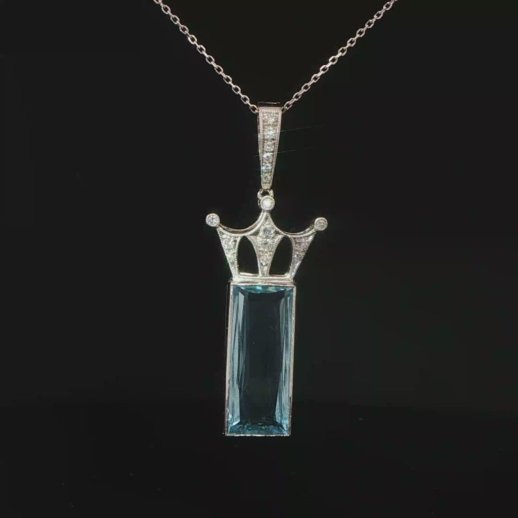 Aquamarine Crown Charm Necklace in 18k White Gold